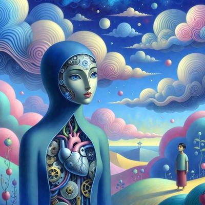 The primary subject of the image is a woman with a blue headscarf, who appears to be a robot or a character from a fantasy world. She is standing in a field with a cloudy sky in the background. The setting is a mix of a natural environment and a surreal, imaginative scene. The visual style is a combination of digital art and illustration, creating a unique and intriguing image. The colors and mood are predominantly blue and pink, giving the scene a dreamy and whims